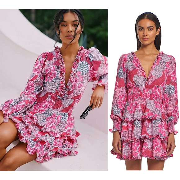 PEIXOTO Floral Patchwork Puff Long Sleeve Smocked Waist Tiered Ruffle Dress S - Picture 1 of 7